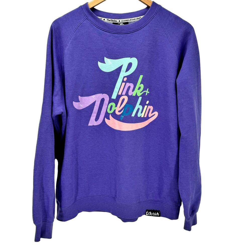 Pink + Dolphin Sweatshirt Womens Large‎ Purple Pullover Long Sleeve Logo Graphic